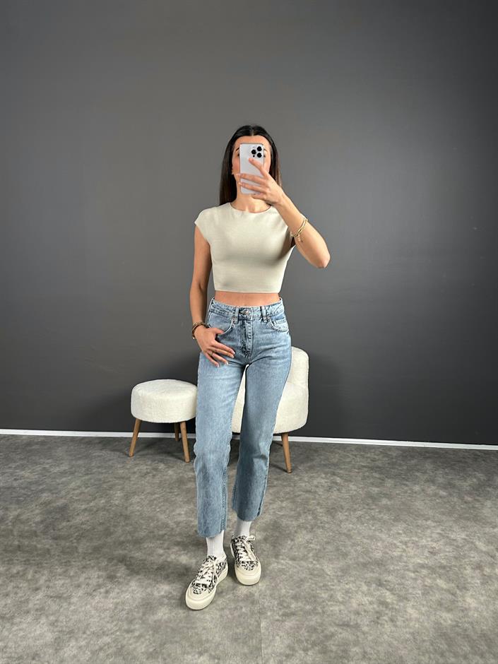 ZR Açık Mavi Kesik Paça High Waist Jean