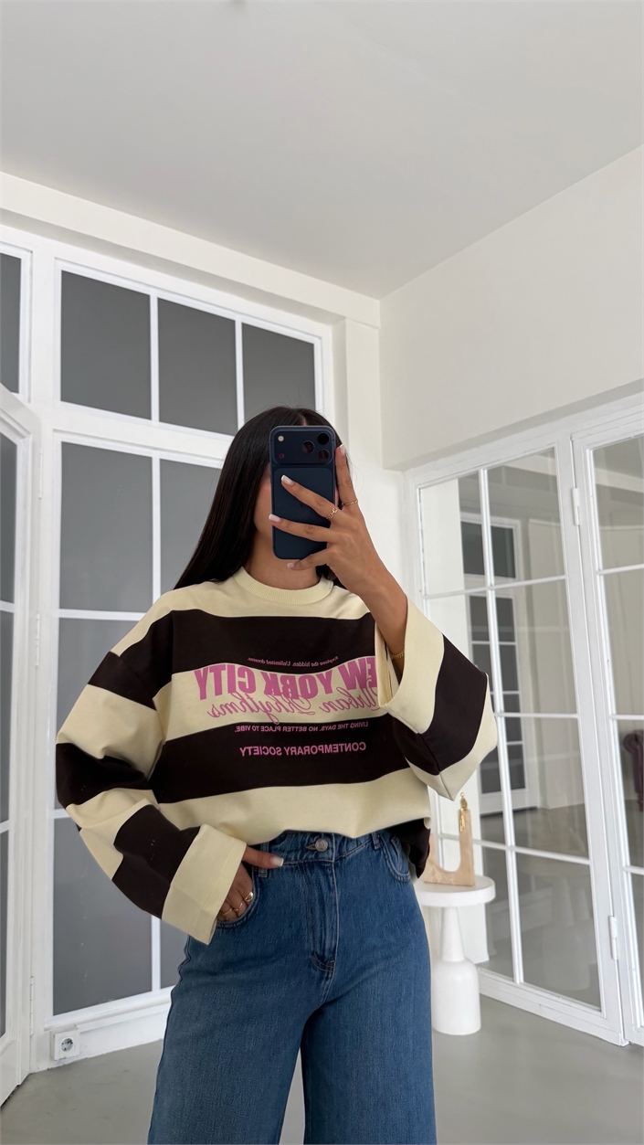 Kahve Şeritlı Baskılı Sweatshirt GAUS-02121 GAUS-02198