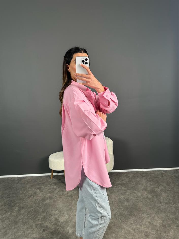 Min Pembe Oversize Gizli Düğmeli Gömlek