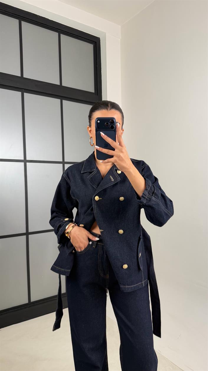 Lacivert Gold Düğmeli Cepli Kuşaklı Ceket Pantolon Denim Takım GAUS-00587