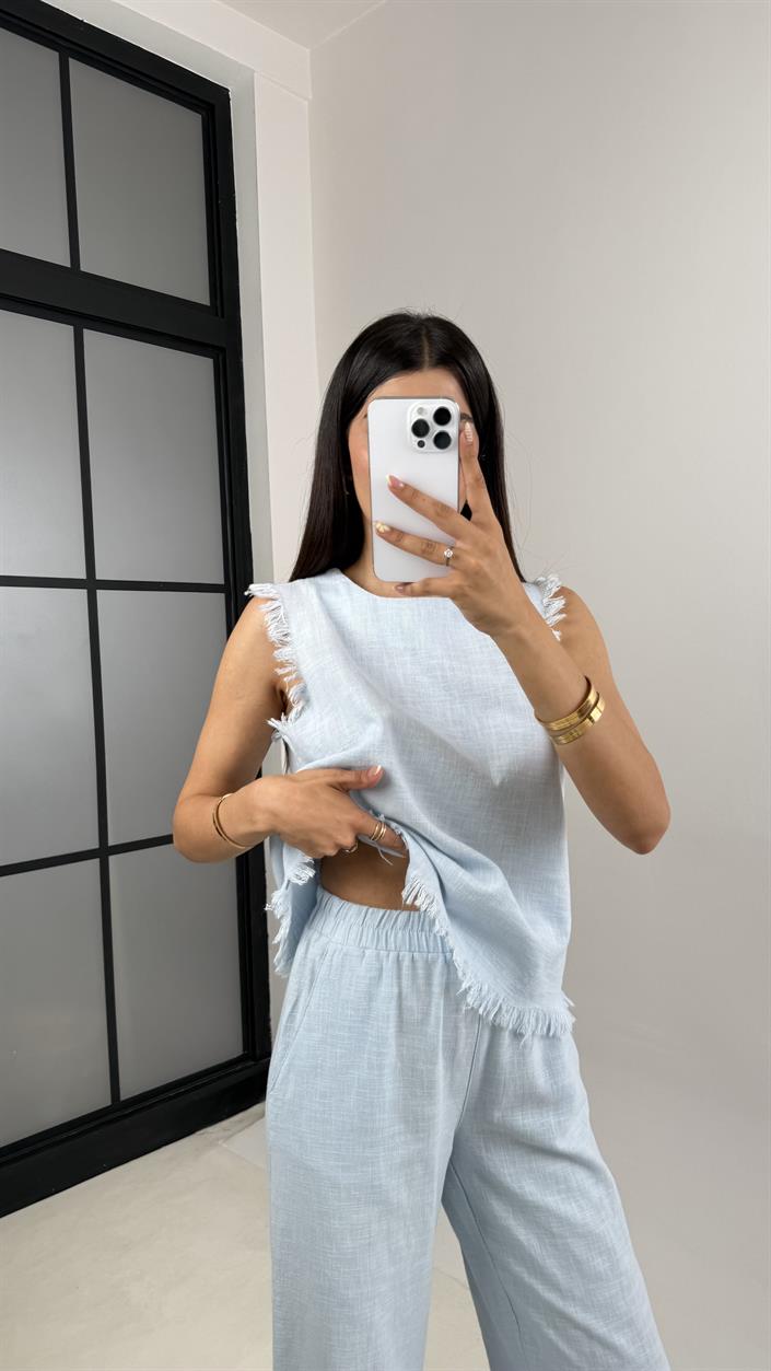 Açık Mavi Püskül Detaylı Bluz Beli Lastikli Cepli Pantolon Keten Takım Gaus00646 