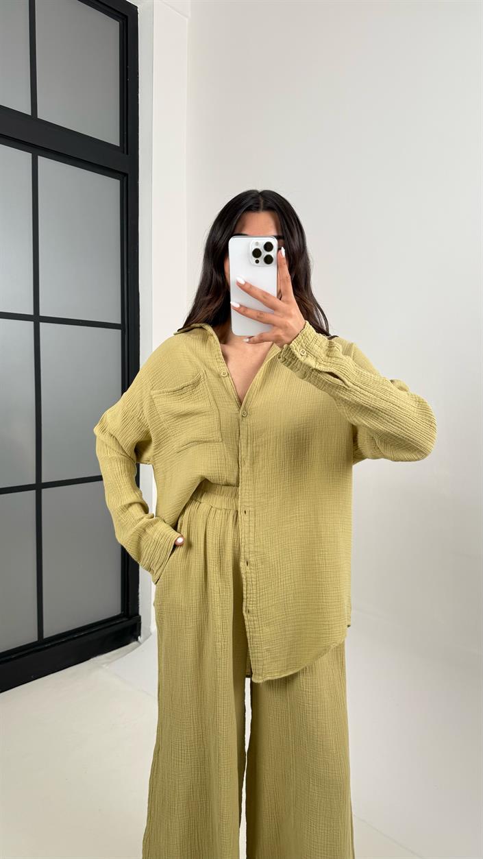 Yeşil Önü Düğmeli Cepli Gömlek Beli Lastikli Pantolon Müslin Takım MSLN01 Gaus00385
