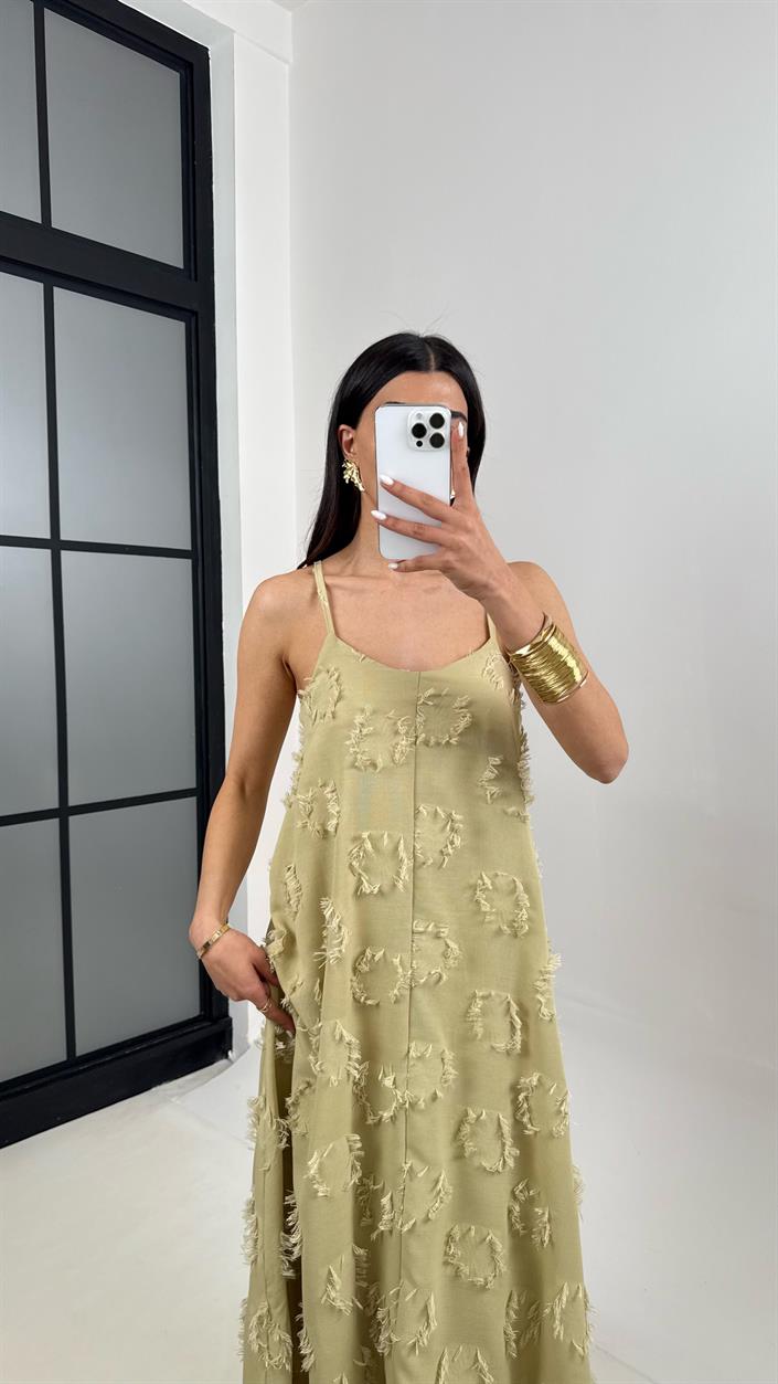 Soft Yeşil Püskül Detaylı Askılı Astarlı Keten Elbise Gaus00392