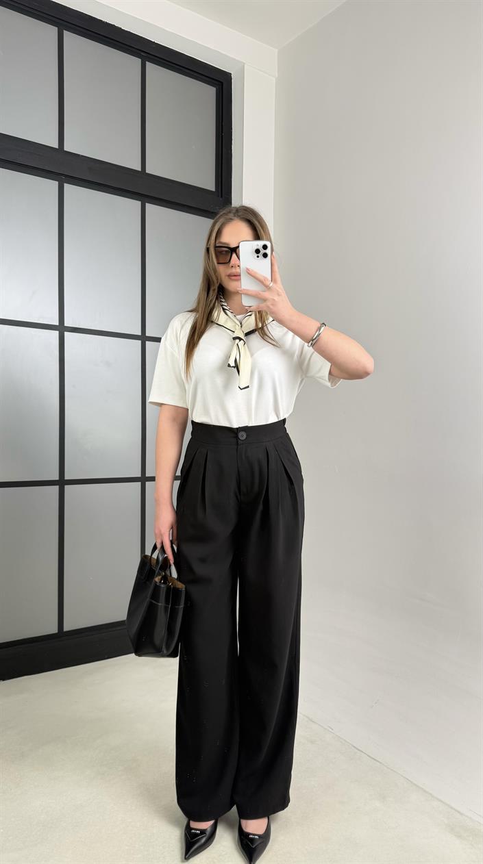 Siyah Beli Lastikli Pile Detaylı Tencel Pantolon GAUS-00995