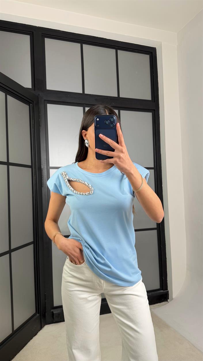 Mavi Vatkalı Taş Detaylı Muadil Bluz GAUS-01282