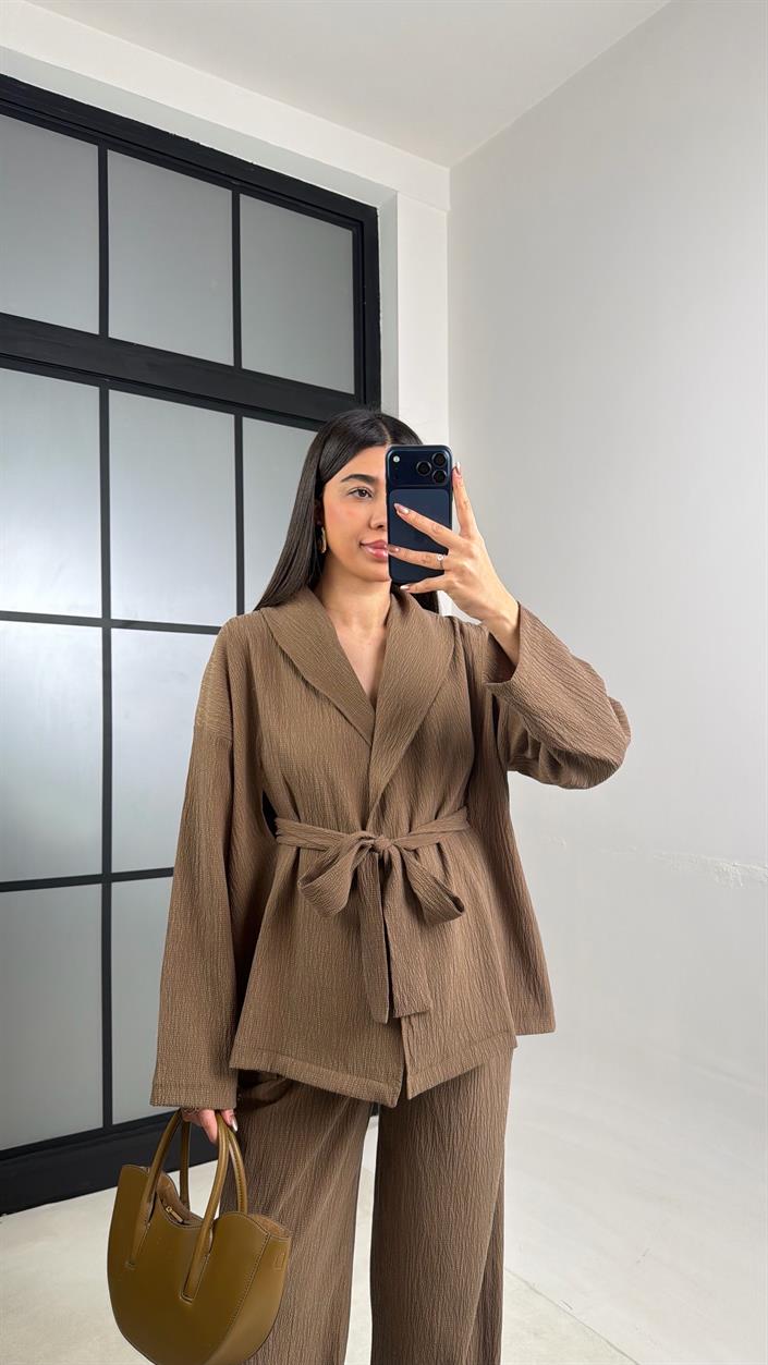 Kahve Kimono Beli Lastikli Pantolon İkili Muadil Takım GAUS-01113