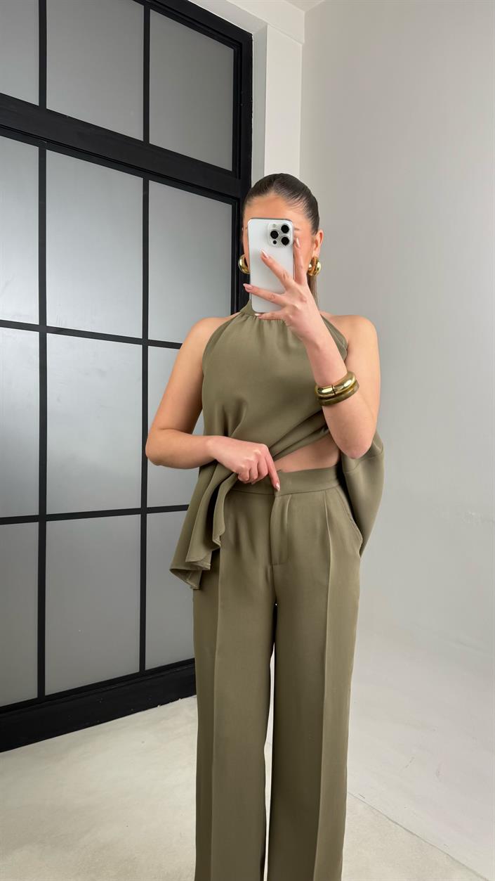 Haki Sıfır Kol Bluz Beli Lastikli Pantolon İkili Premium Takım GAUS-00984
