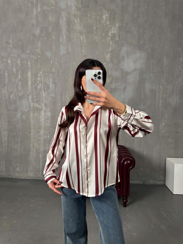 Meysa Bordo Çizgili Saten Gömlek