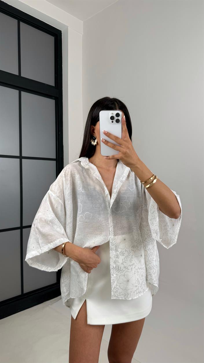Beyaz Çiçek Desenli Tencel Gömlek Gaus00544