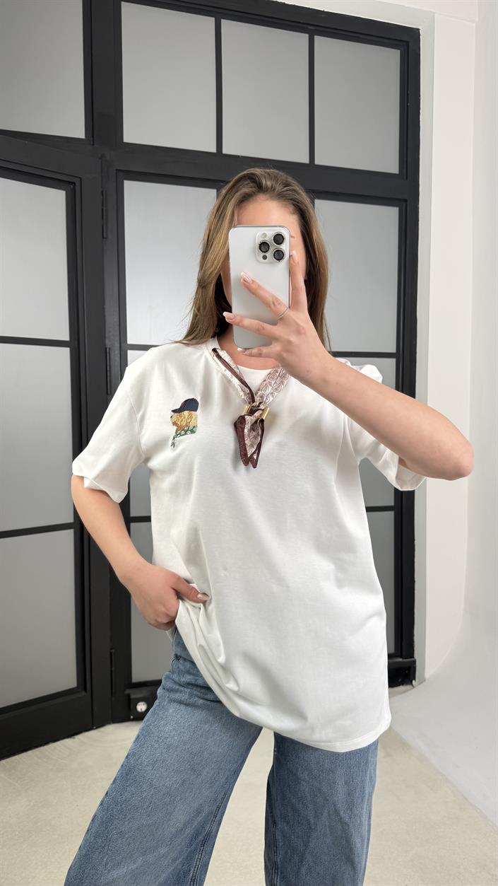 Ekru Fularlı Basic Tshirt GAUS-01180