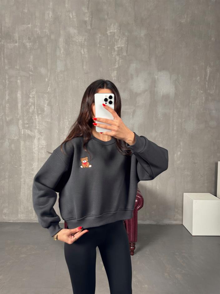 Tedy Füme Ayıcık İşlemeli Şardonlu Sweat 