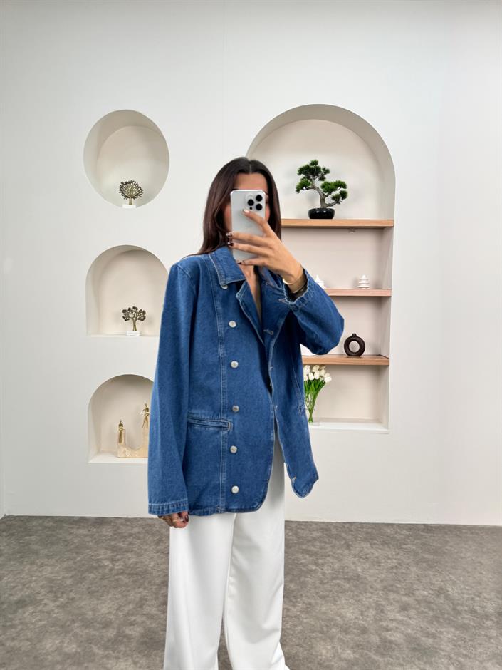 Tales Mavi Vatkalı Blazer Kot Ceket