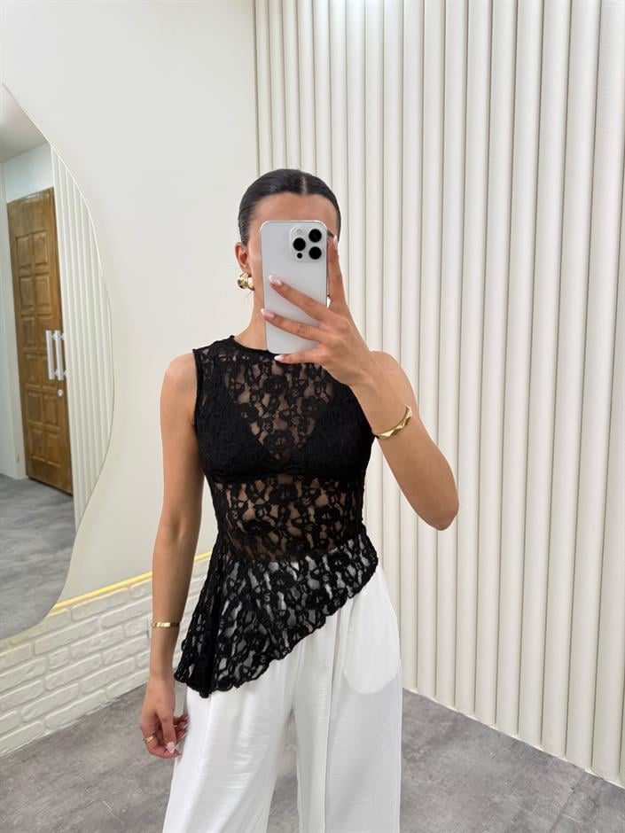 Siyah Sıfır Kol Dantelli Transparan Bluz Gaus00287