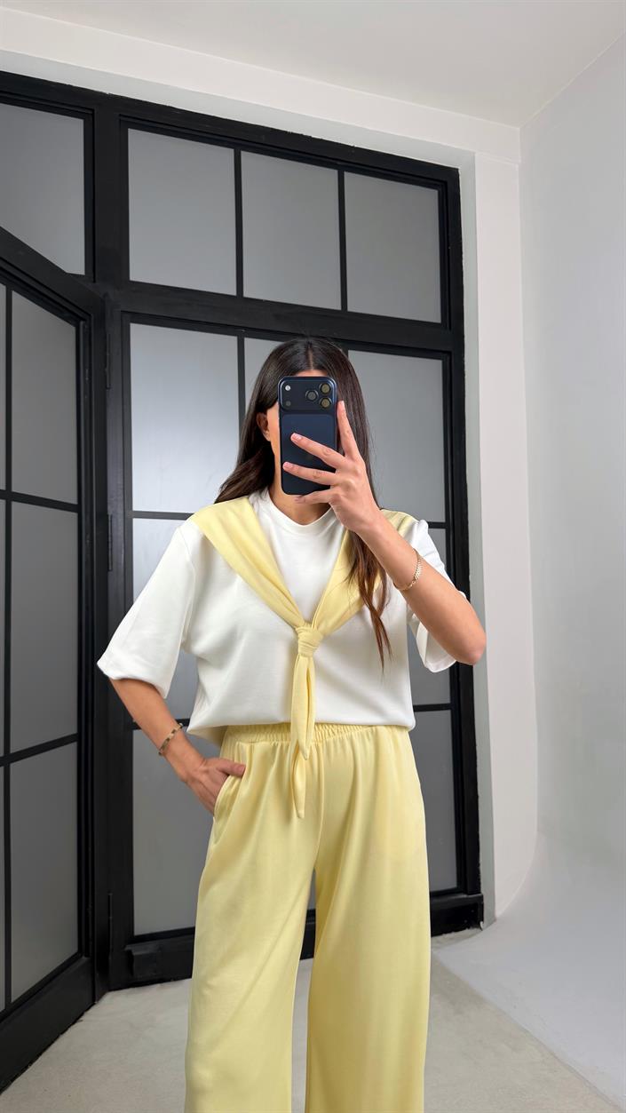 Sarı Şal Detaylı Basic Tshirt Beli Lastikli Pantolon İkili Eşofman Takımı GAUS-01284