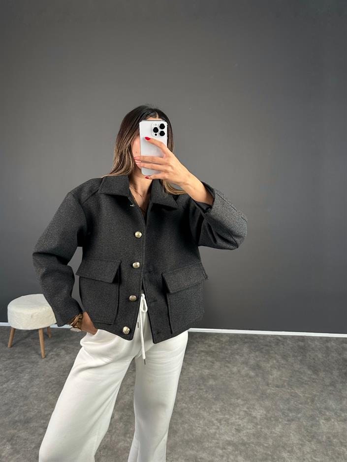 Premium Antrasit Gri Gold Düğmeli Kaşe Ceket