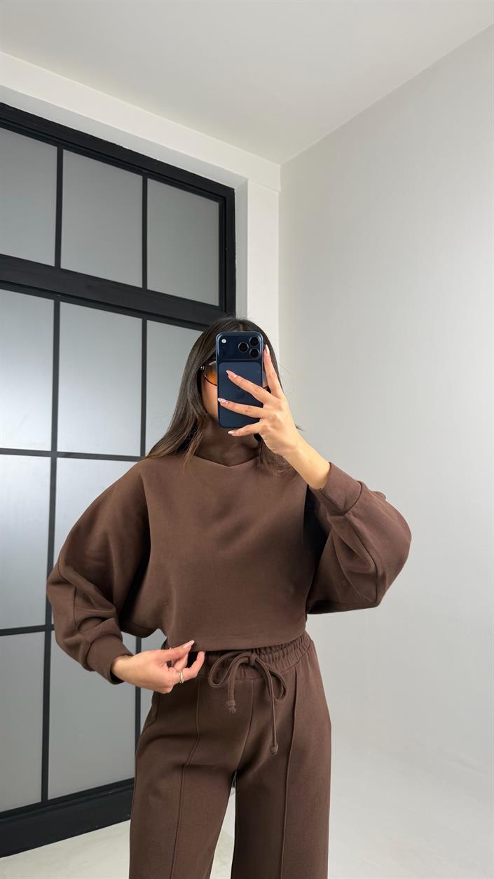 Kahve Balıkçı Yaka Kazak Beli Lastikli Pantolon Premium Takım GAUS-00898