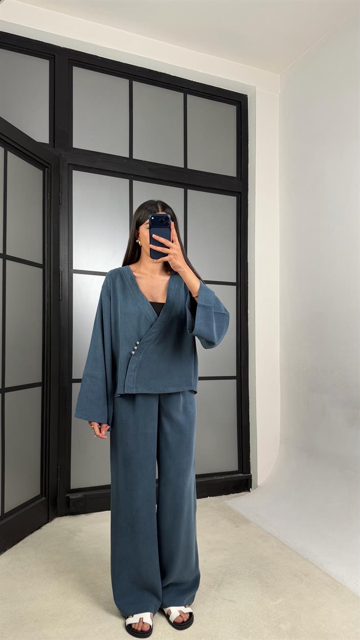 İndigo Mavi Düğme Detaylı Kimono Pantolon MD Muadil Tencel Takım GAUS-01451
