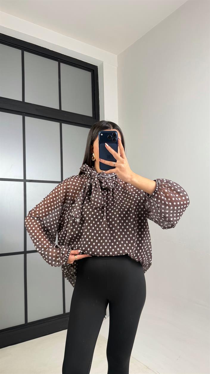 Kahve Puantiyeli Şall Detaylı Şifon Gömlek GAUS-01108