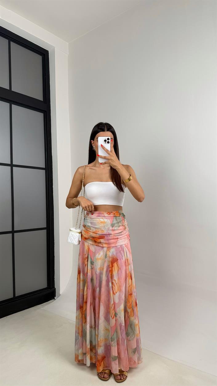 Pembe Çok Renkli Desenli Drape Detaylı Astarlı Şifon Etek GAUS-0023
