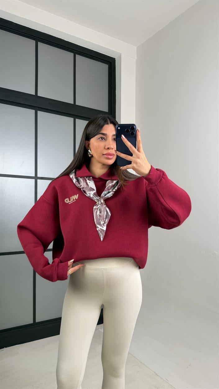 Bordo Şardonlu Fular Detaylı Sweatshirt GAUS-01078