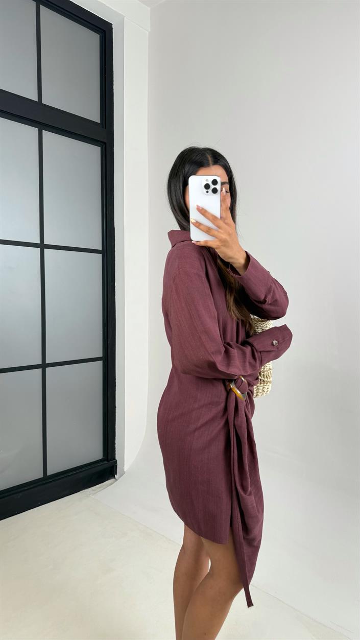 Bordo Toka Detaylı Premium Keten Elbise Gaus00689