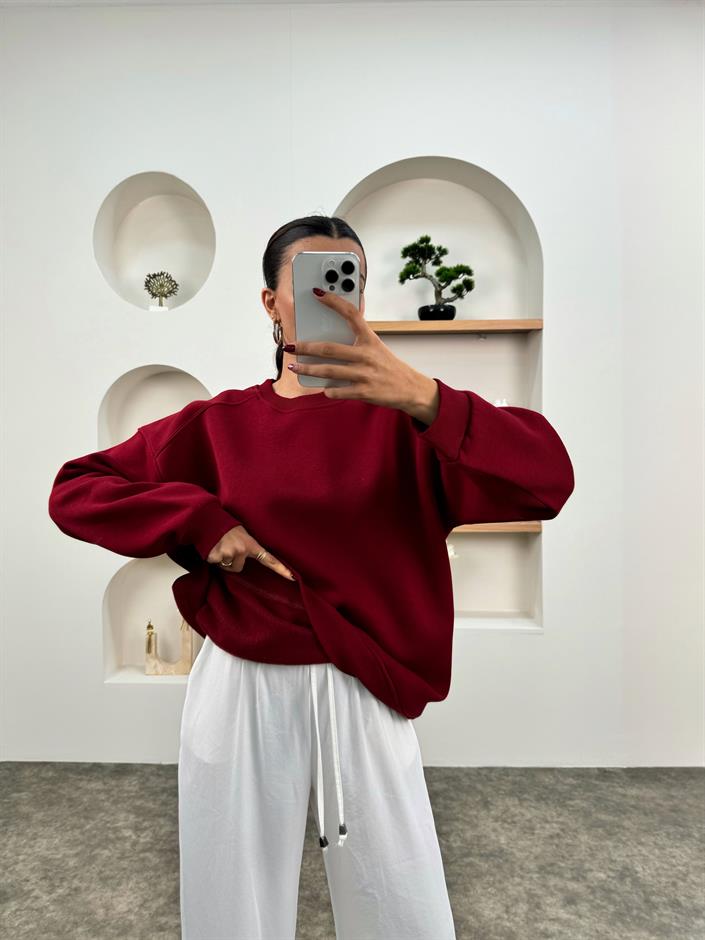 Meksa Bordo Bisiklet Yaka Şardonlu Sweatshirt