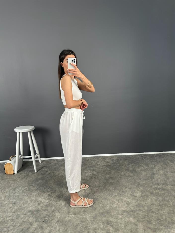 Dux Beyaz Beli Lastikli Şalvar Pantolon