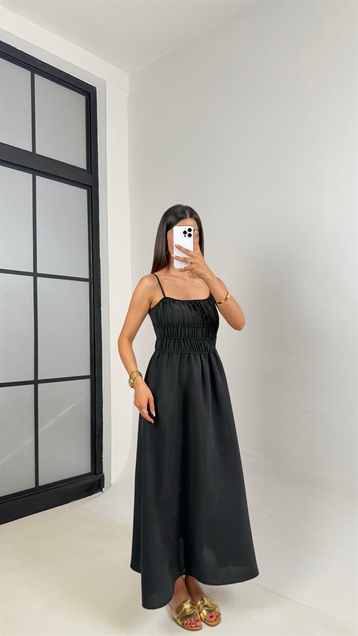 Siyah Ayarlanabilir Askılı Gipeli MD Muadil Tencel Elbise Gaus00617