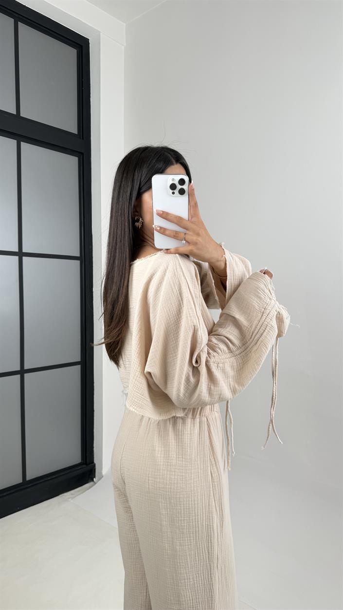 Taş Kol Büzgülü Crop Beli Lastikli Pantolon Tasarım Müslin Takım Gaus00581
