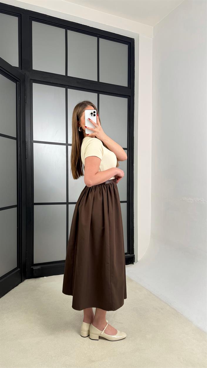 Kahve Kısa Kol Beli Lastikli Kemerli Elbise GAUS-01246