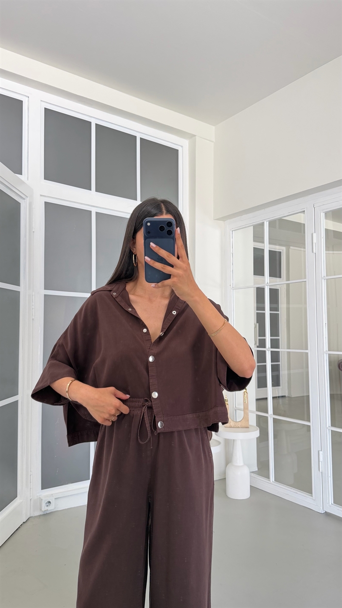Kahve Yarasa Kol Gömlek Beli Lastikli Pantolon Tencel Denim Takım GAUS-01785