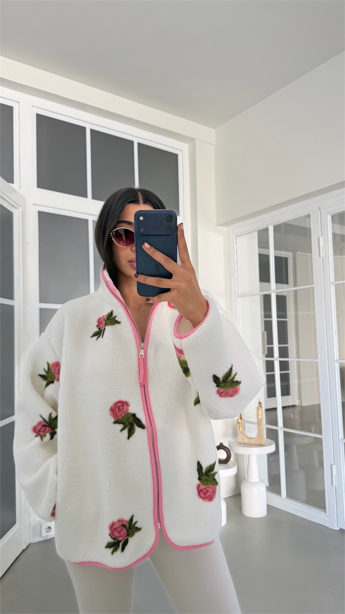 Pembe Gül Desenli Fermuarlı Polar Sweatshirt GAUS-01916 GAUS-01926