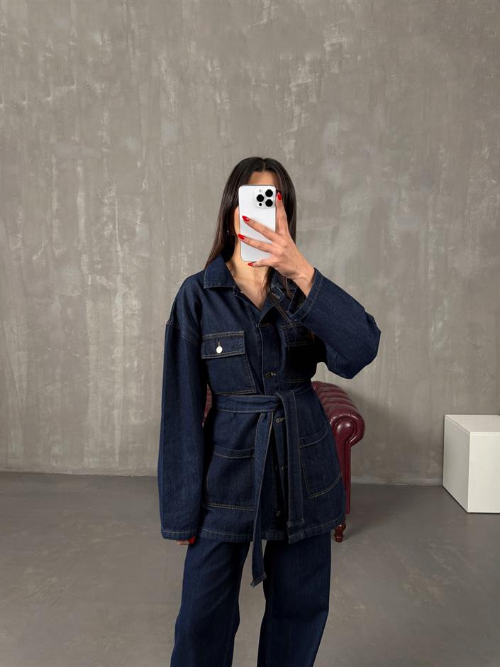 Lovato Lacivert Düğmeli Cep Detaylı Kuşaklı Denim Takım 
