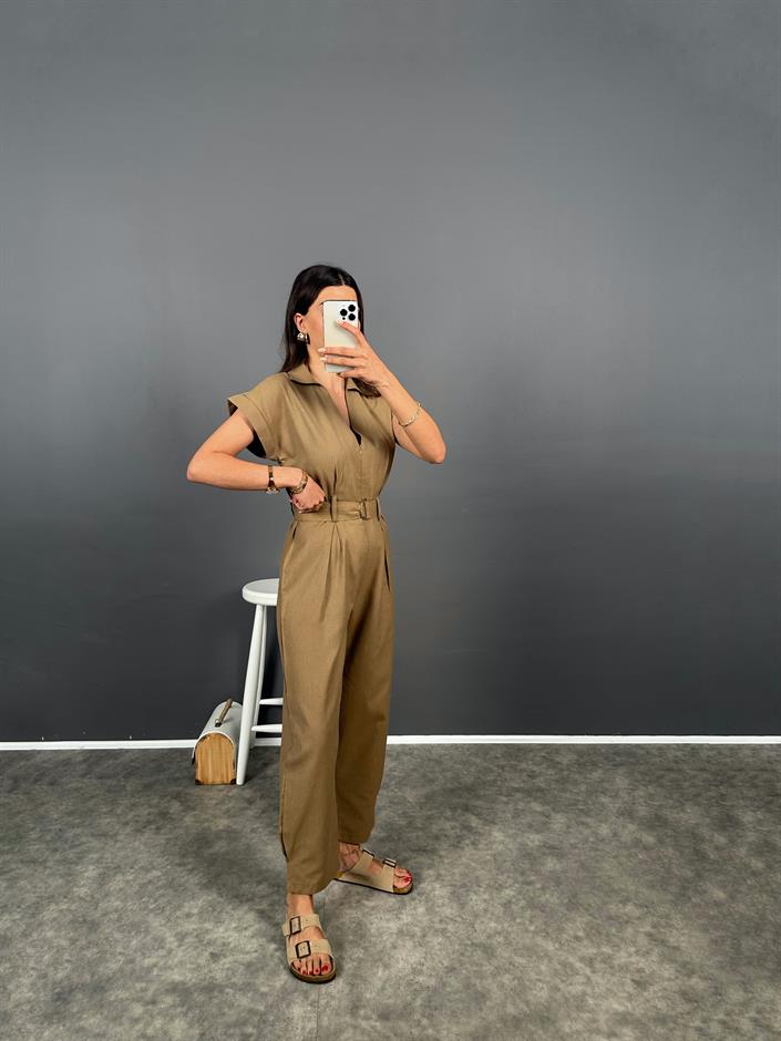 Tatissi Koyu Yağ Yeşili  Kemer Bağlamalı V Yaka Keten Tulum