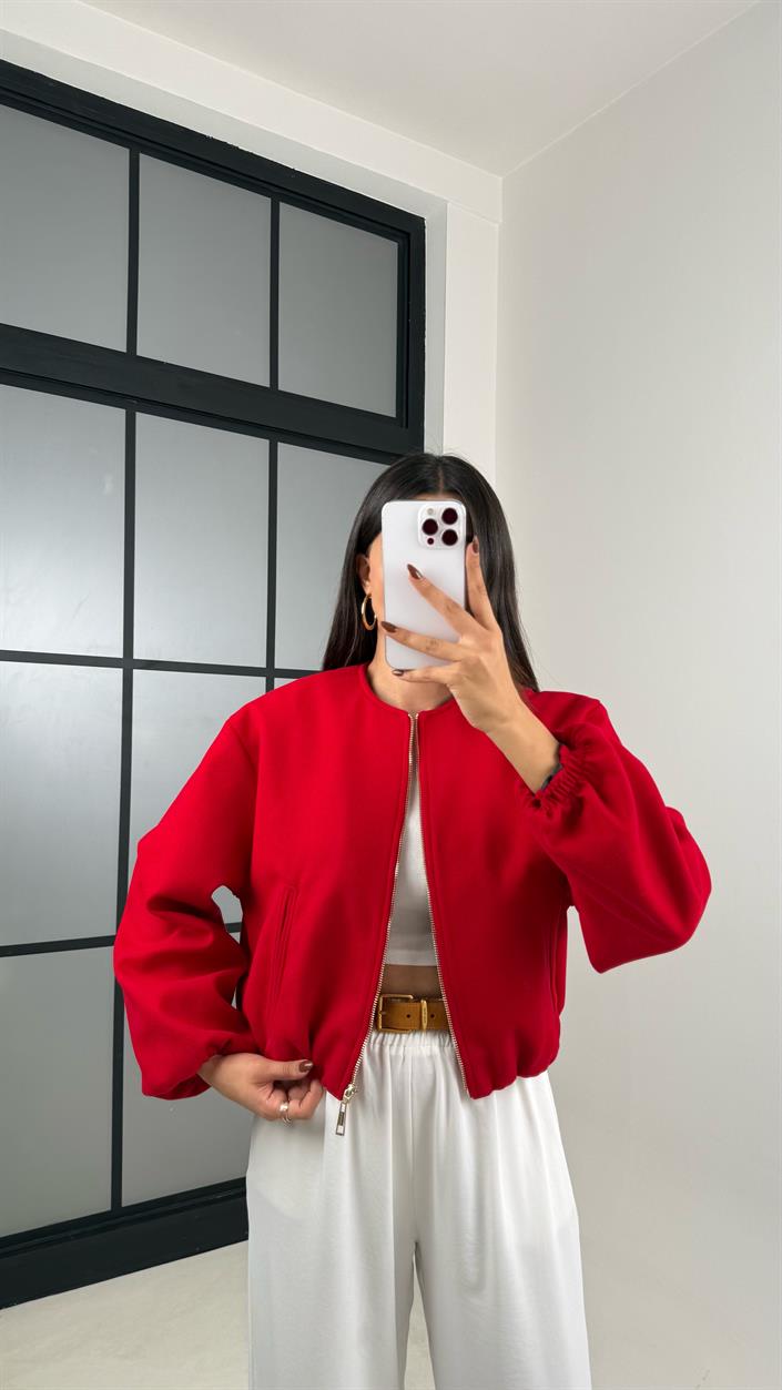 Kırmızı Astarlı Cepli Kaşe Bomber Ceket GAUS-00191