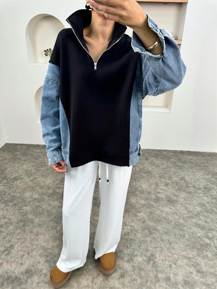 Mw Siyah Denim Detaylı Fermuarlı Sweatshirt