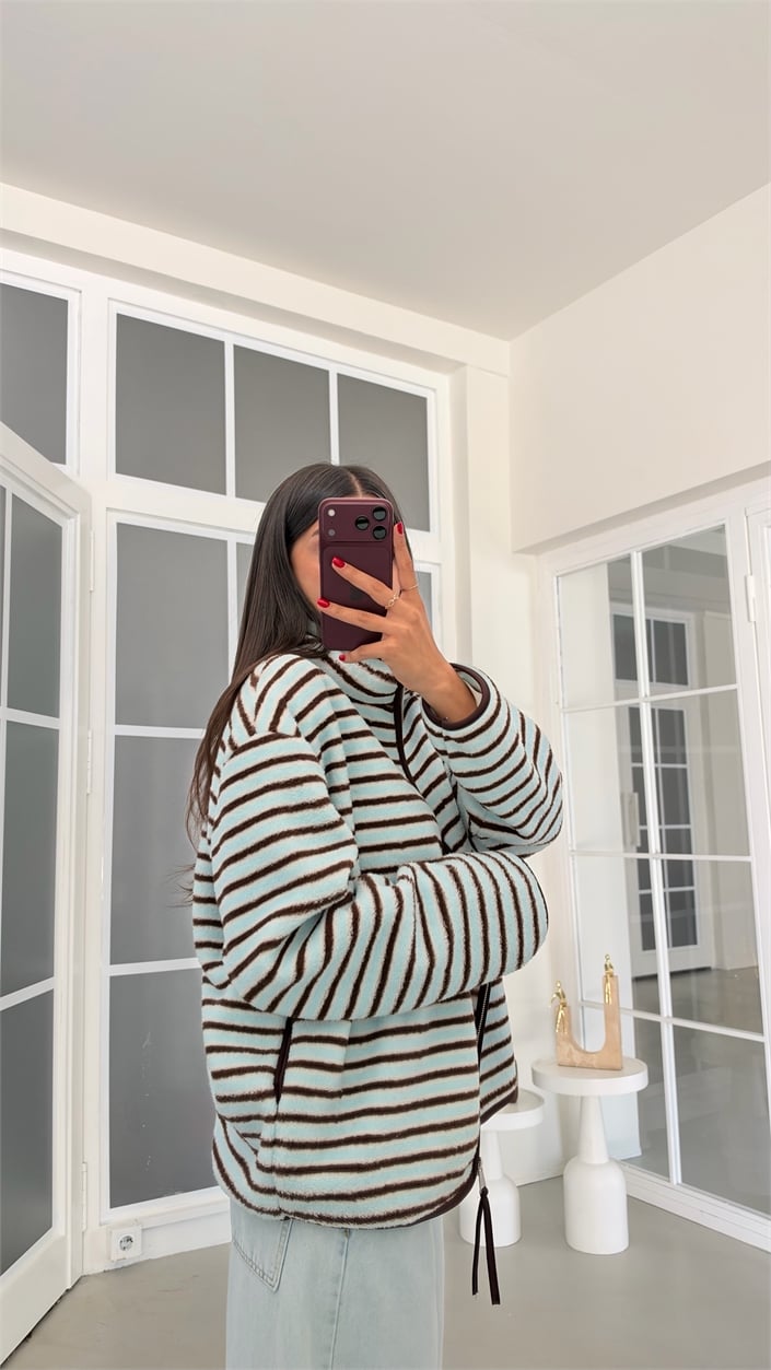 Turkuaz Şeritli Fermuarlı Polar Sweatshirt GAUS-01916 GAUS-02282