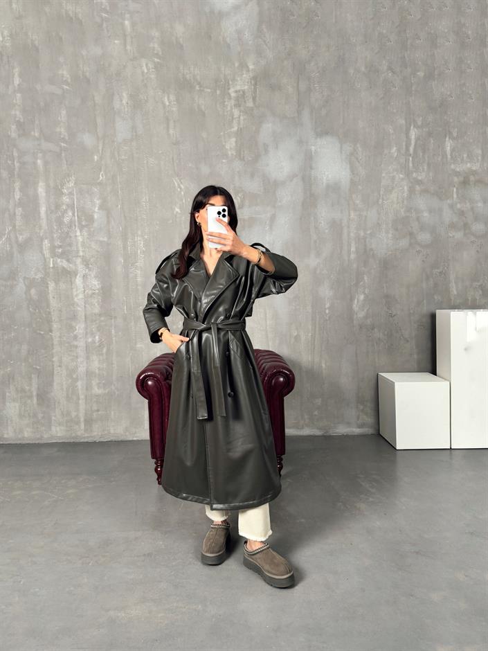 Vinta Haki Astarlı Kuşaklı Deri Trençkot