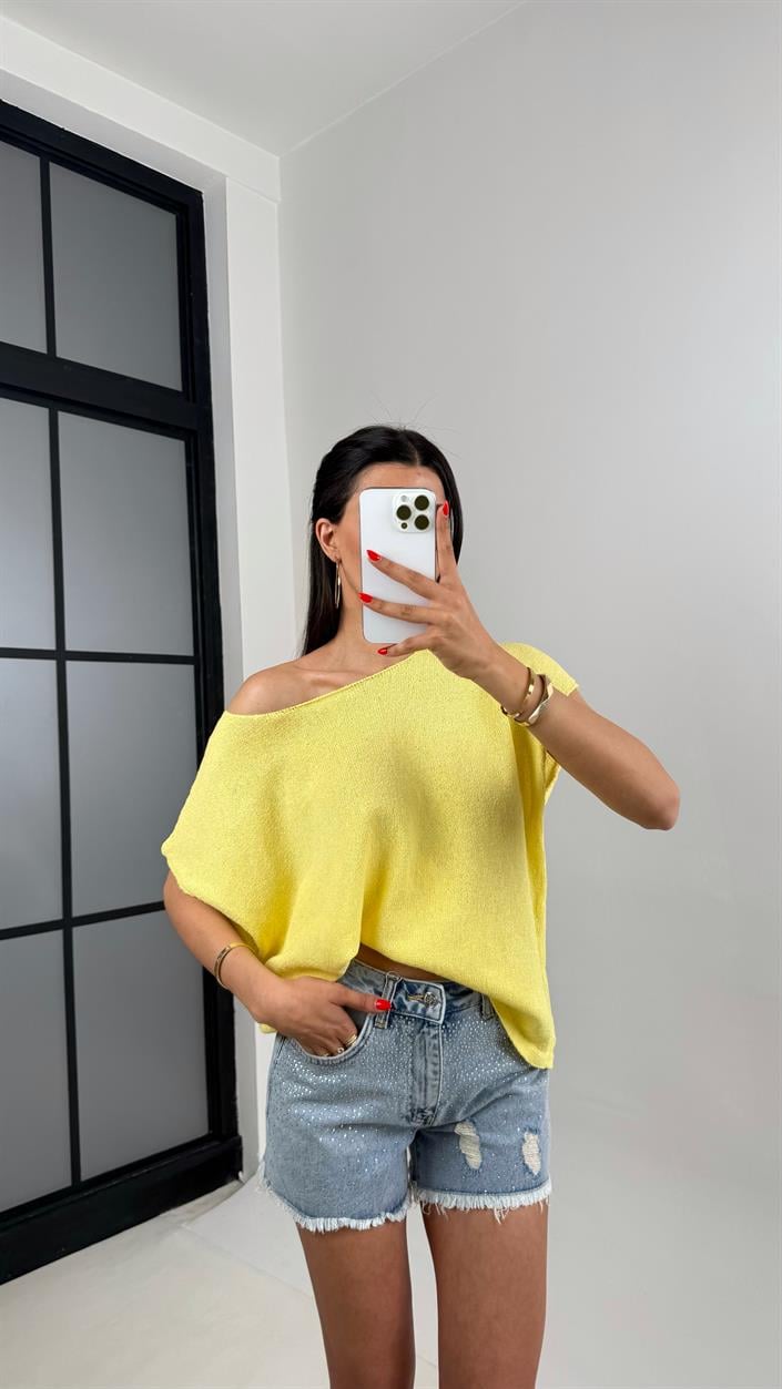 Sarı Omzu Açık Kısa Kol Triko Kazak Gaus00504