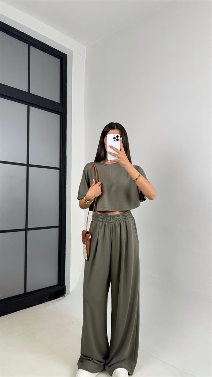Haki Crop Beli Lastikli Palazzo Eşofman İkili Modal Kumaş Takım GAUS-01219
