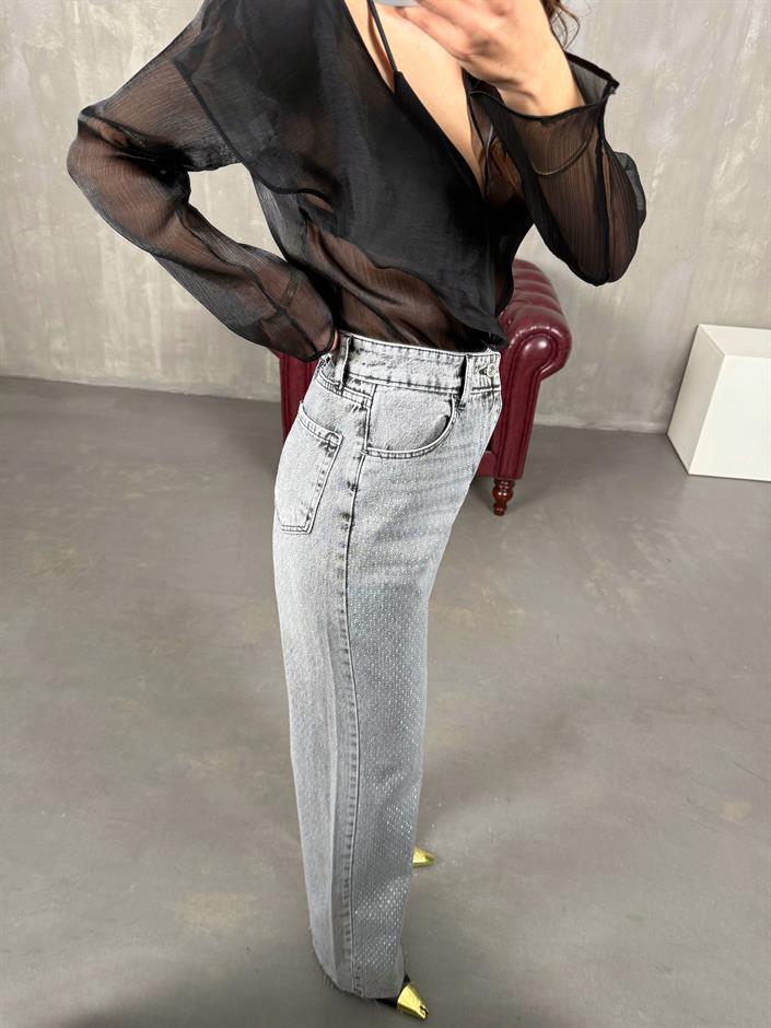 Reya Gri Taşlı Kesik Paça Jean