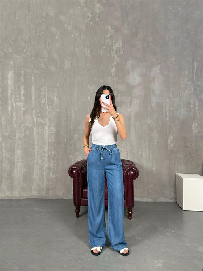 Mavi Beli Lastikli İnce Denim Pantolon Gaus00203