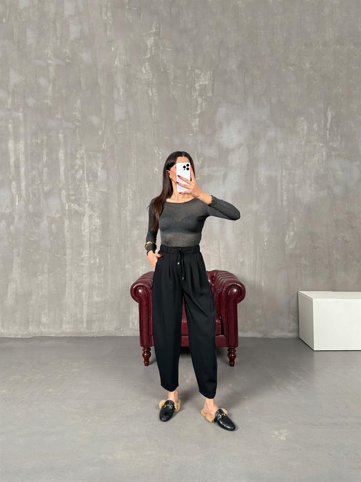 Dona Siyah İthal Kumaş Beli Lastikli Jogger Pantolon