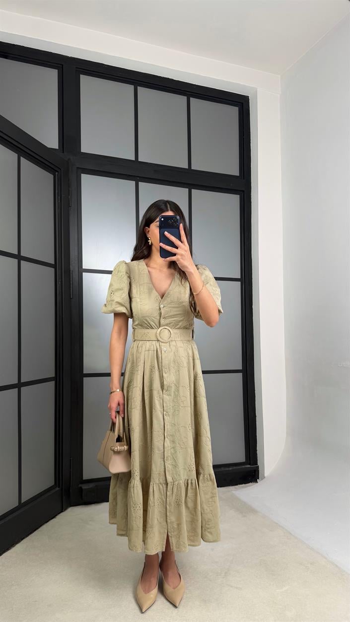 Yeşil Çiçek Nakışlı Kemerli Pinterest Elbise GAUS-01342