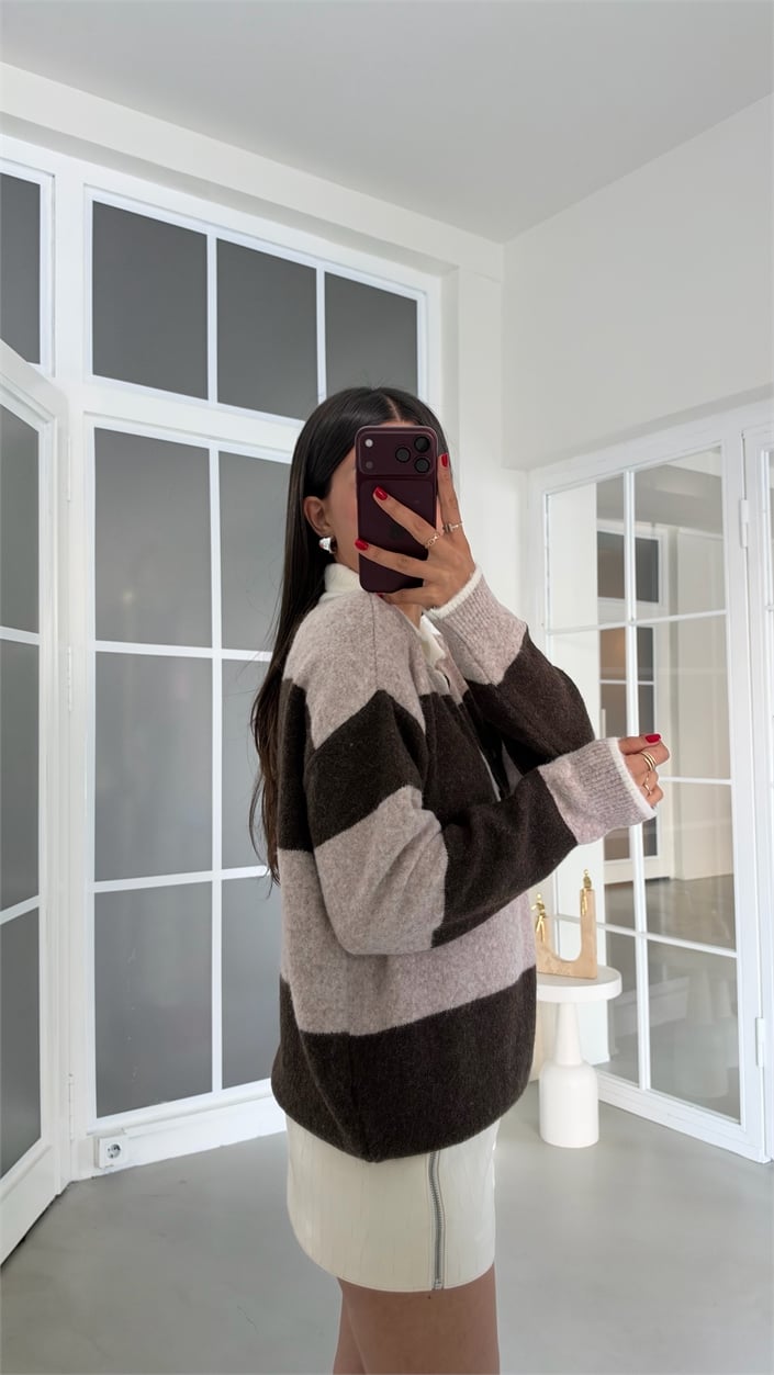 Kahve Polo Yaka Şeritli Triko Kazak GAUS-02193