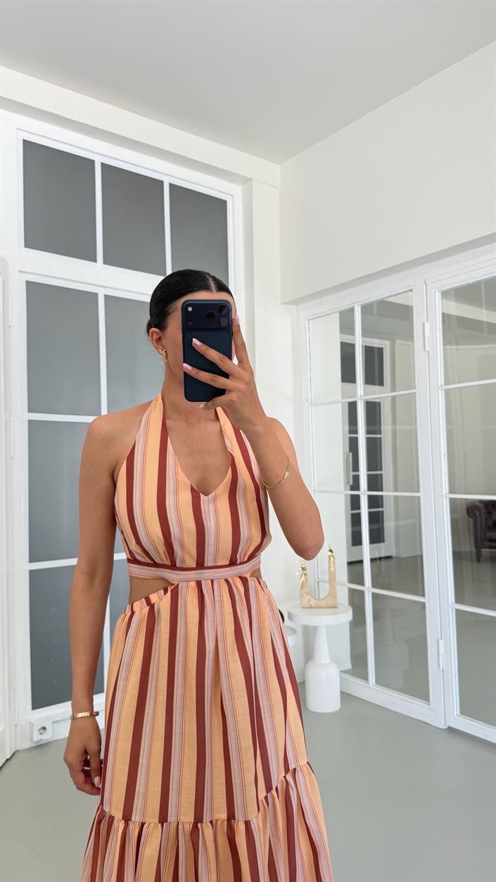 Çok Renkli Boyundan Bağlamalı Çizgili Astarlı Keten Elbise GAUS-01656