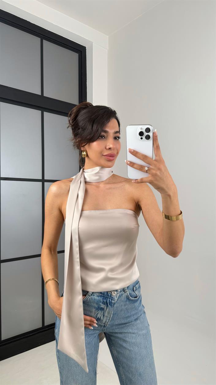 Vizon Boyun Bağlama Detaylı Saten Bluz Gaus00635 