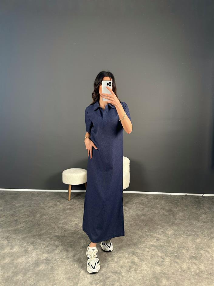 Lacivert Maxi Boy Polo Yaka Yırtmaçlı Elbise 