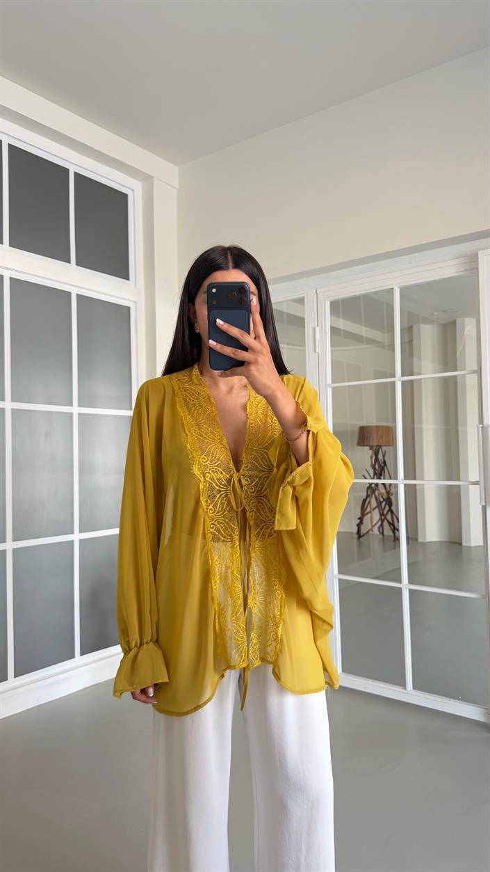 Hardal Dantel Detaylı Transparan Bluz GAUS-01648