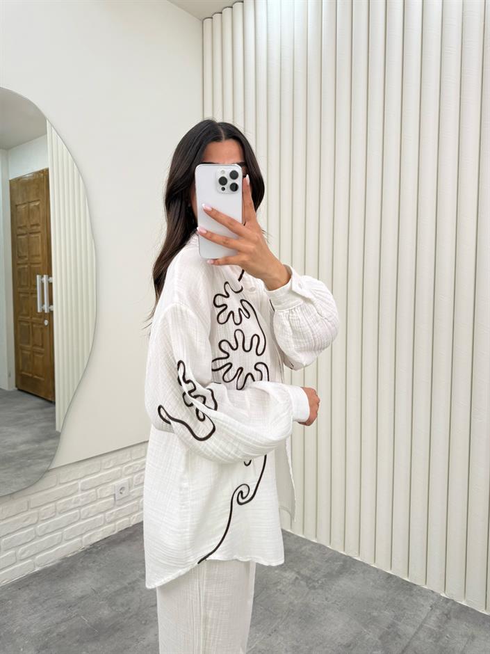 Beyaz Kahve İşlemeli Gömlek Beli Lastikli Pantolon Müslin İkili Takım Gaus00293